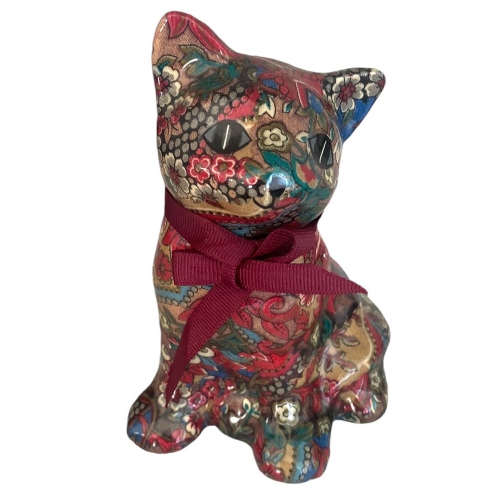 Vintage Decoupage Cat Sculpture Figurine Floral Folk Country 6” Standing